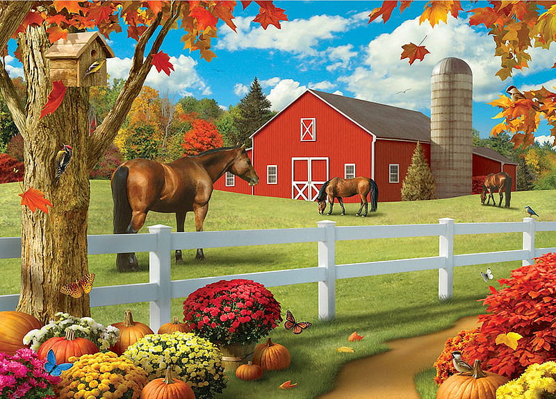 Pastures of Chance, horses, barn, art, fence, digital, flowers, trees, HD wallpaper