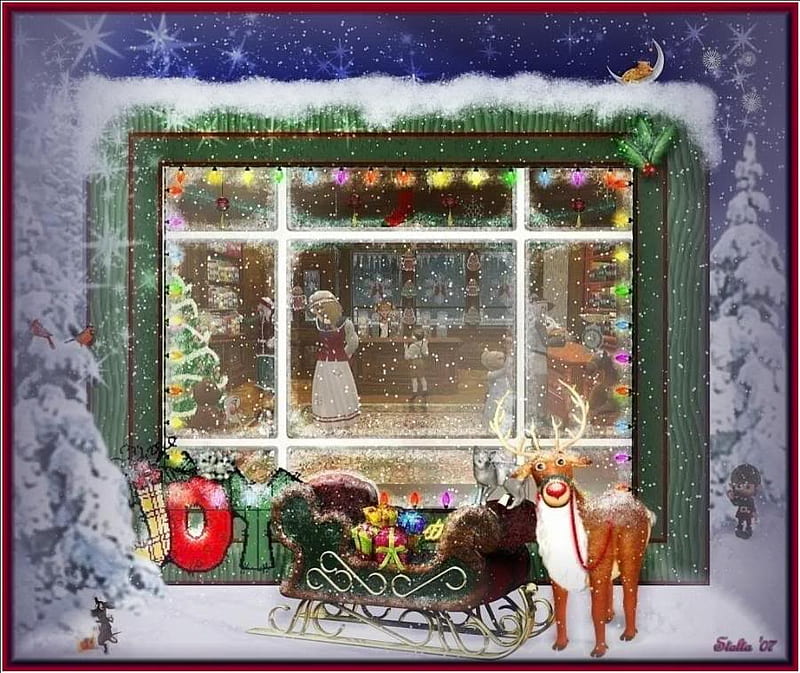 Little Rudolf Waits and Waits, sleigh, tree, window, snow, reindeer, rudolf, lights, HD wallpaper