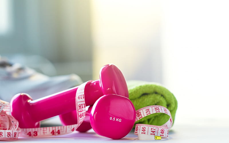 pink dumbbells, weight loss concepts, slimming, measuring tape, training, HD wallpaper