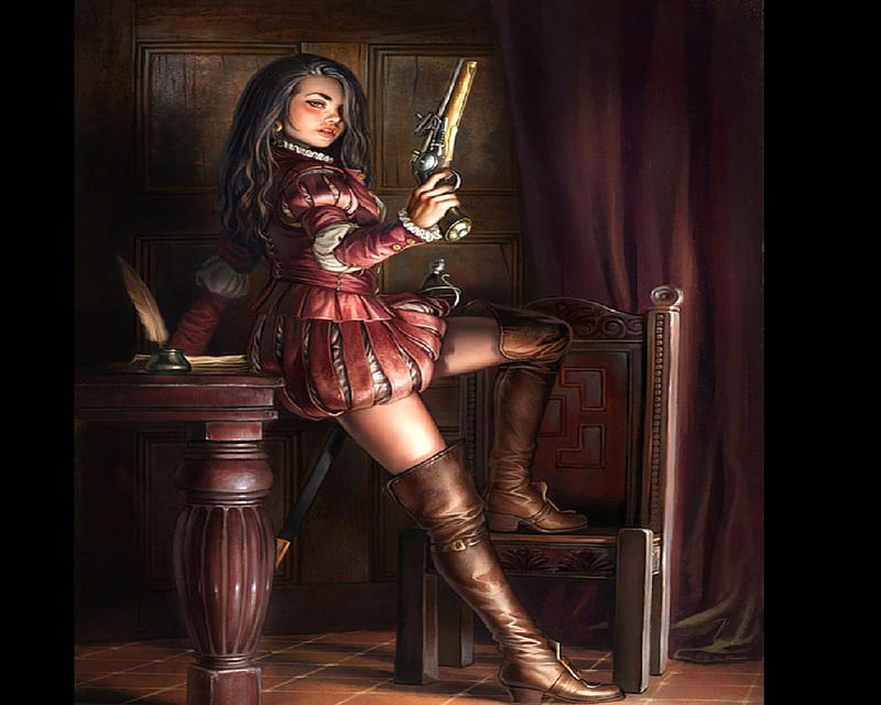 A Musketeer, musket, boots, woman, flintlock, HD wallpaper