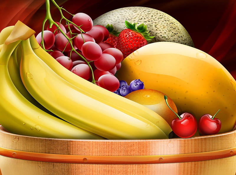 Fresh Fruits, grapes, melon, papaya, banana, HD wallpaper