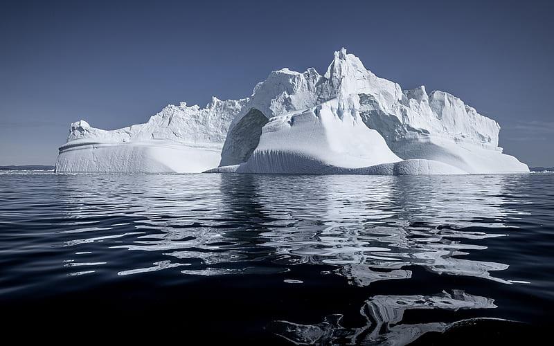 iceberg, ocean, ice floe, sea, waves, blue sky, large iceberg, Greenland, HD wallpaper