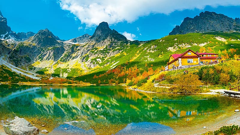 Nature Reserve, sky, rocks, pond, house, landscape, clouds, HD wallpaper