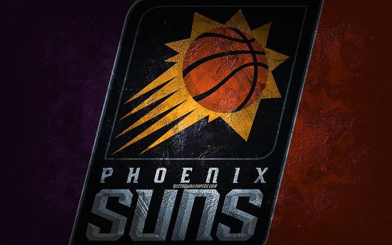 Phoenix Suns, American basketball team, purple orange stone background, Phoenix Suns logo, grunge art, NBA, basketball, USA, Phoenix Suns emblem, HD wallpaper