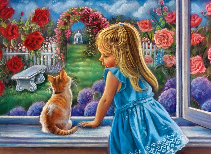 Little Girl With Cat F5Cmp, art, cat, arbor, artwork, animal, pet, feline, little girl, painting, wide screen, flowers, HD wallpaper