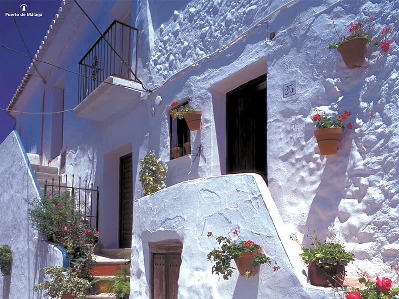 Nice house, mounted, villa, wall, door, puerto de malaga, stone wall, porch, flower pots, flowers, white, steps, HD wallpaper