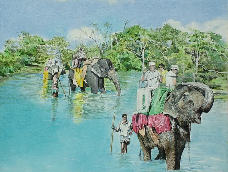 Avril Moore's art, art, elephant, avril moore, trees, pass, caravan, animal, water, people, painting, nature, river, blue, HD wallpaper