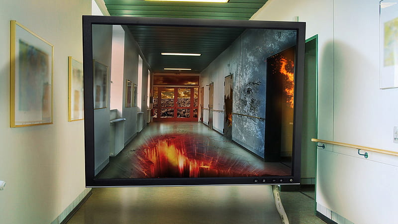 back to the future, hallway, fire, future, screen, HD wallpaper