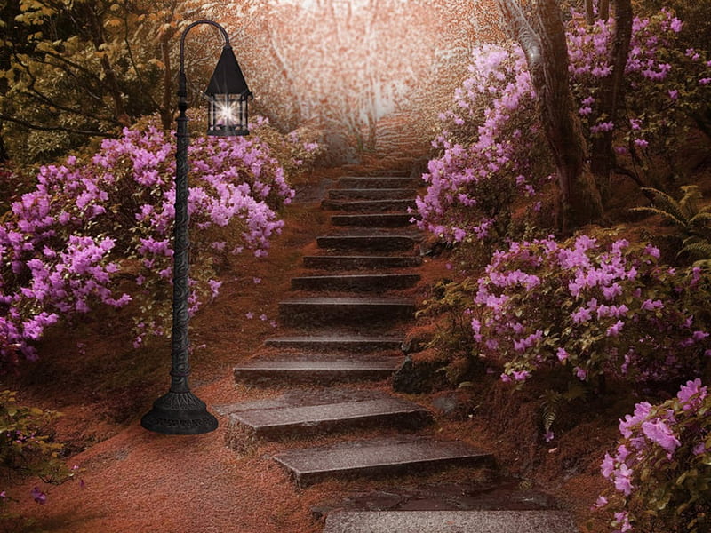 Somewhere In The Forest.., pretty, staircase, painting, flowers, somewhere, garden, nature, forests, HD wallpaper
