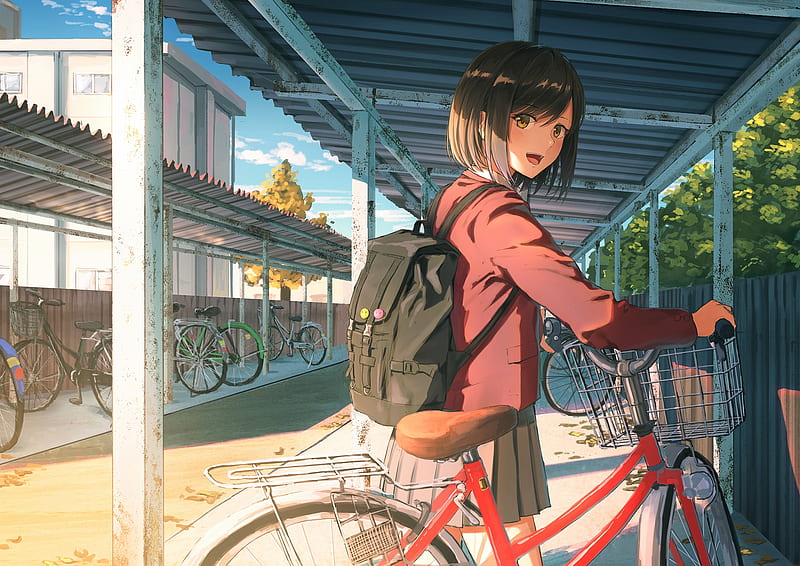 anime school girl, bicycle, sunlight, slice of life, Anime, HD wallpaper