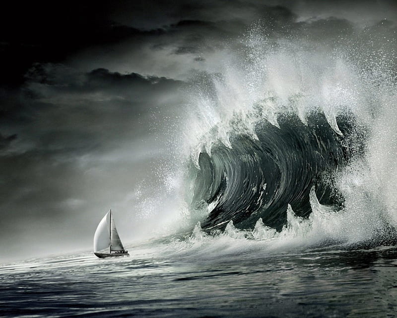 Tsunami Strikes, tsunami, waves, huge wave, wave, giant wave, HD wallpaper