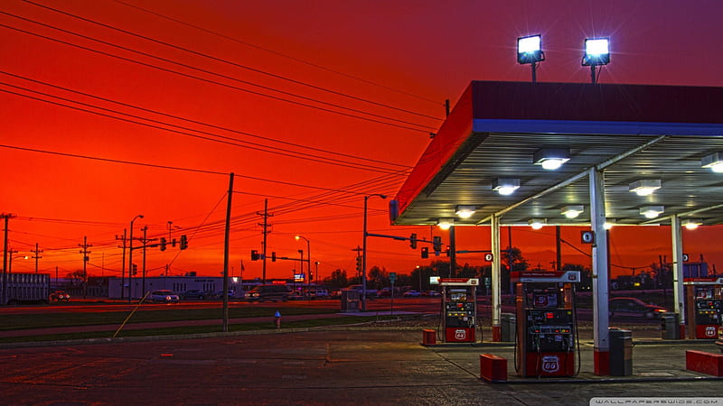 gas staion under a red sky, red, town, gas station, sky, street, HD wallpaper