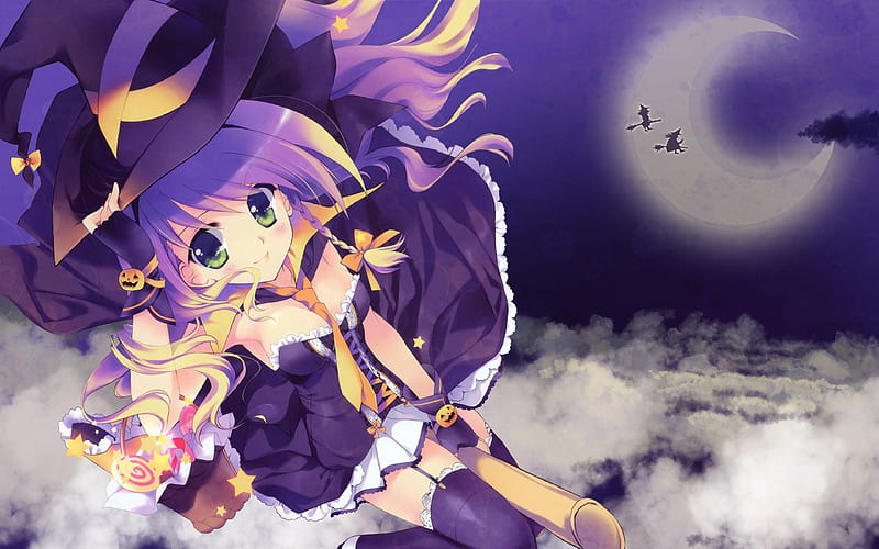 Cute Little Witch, witch, halloween, sky, broom, cute, moon, girl, anime, night, HD wallpaper