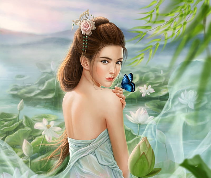 Fantasy girl, crystalrain, blue, frumusete, lotus, luminos, vara, water, green, crystalrain272, butterfly, summer, flower, HD wallpaper