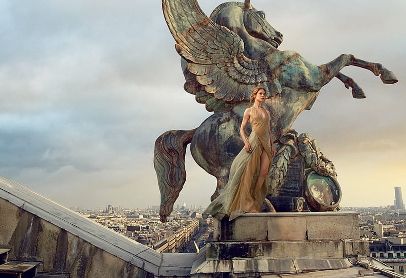 Natalia Vodianova, wings, dress, model, golden, horse, woman, pegasus, girl, statue, annie leibovitz, HD wallpaper