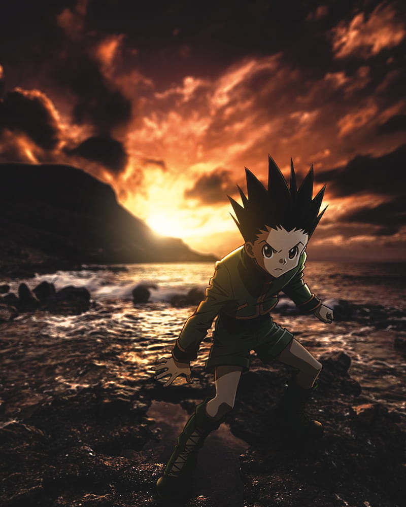 GON, anime, gon cs hisoka, hunter x hunter, killua zoldyck, manga, ocean, river, sunset, HD phone wallpaper