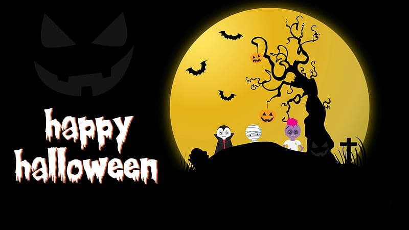 Happy Halloween, bats, jack o lanterns, cemetery, gravestone, halloween, mummy, tombstone, tree, moon, graveyard, monster, vampire, cross, pumpkins, HD wallpaper