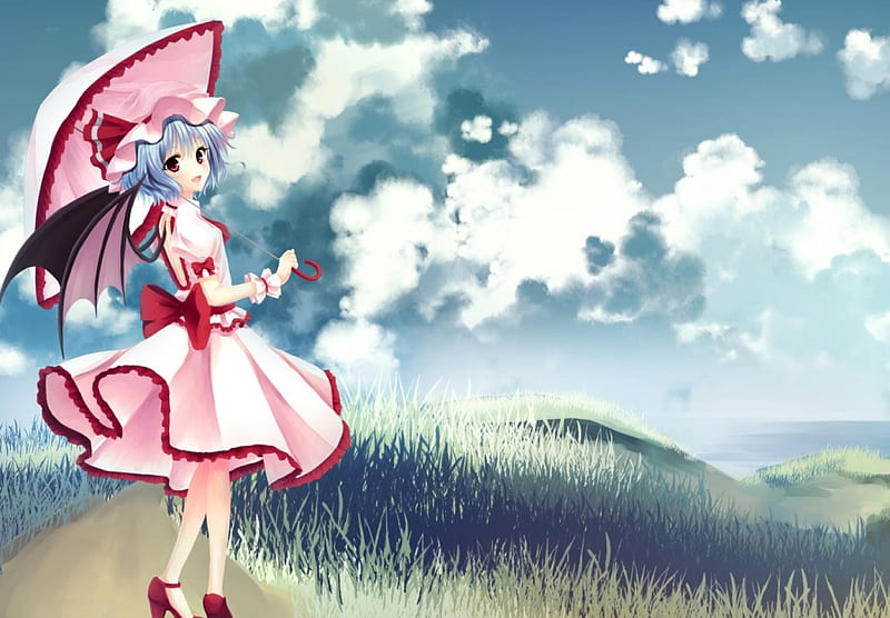 The Road Less Traveled, wings, dress, umbrella, sky, clouds, remilia scarlet, short hair, blue hair, anime, touhou, cliff, red eyes, HD wallpaper