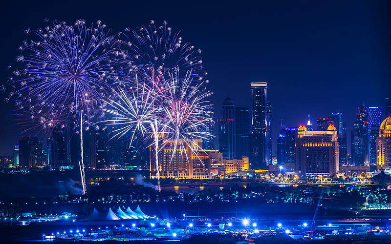 Doha, fireworks nightscapes, skyscrapers, Qatar, HD wallpaper