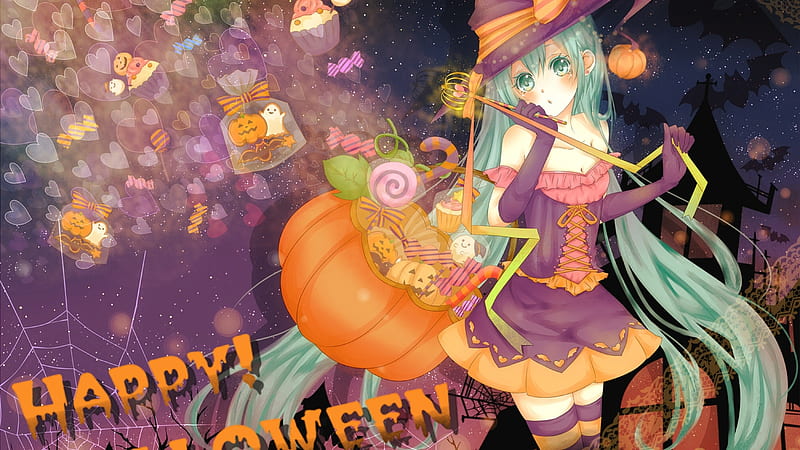 #Nothing, anime girl, long hair, hallowen, witches, HD wallpaper