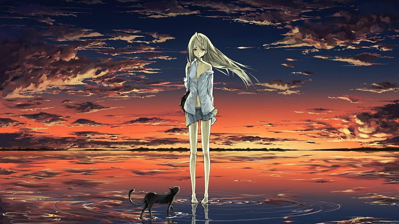 Walking on Water, holding a bag, walking on water, wind, bag, blonde hair, sunset, cat, sky, clouds, unifrom, cool, water, reflaction, windy, anime, HD wallpaper