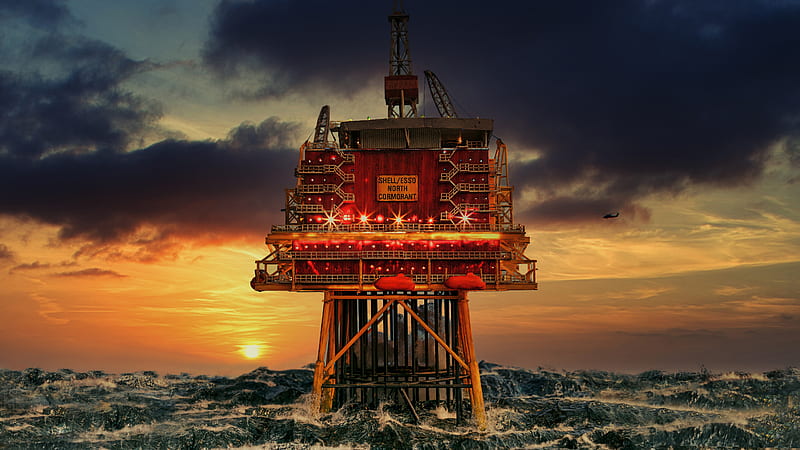 Oil Platform In Middle Of Sea Storm During Sunset Travel, HD wallpaper
