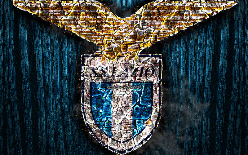Lazio FC, scorched logo, Serie A, blue wooden background, italian football club, SS Lazio, grunge, football, soccer, Lazio logo, fire texture, Italy, HD wallpaper
