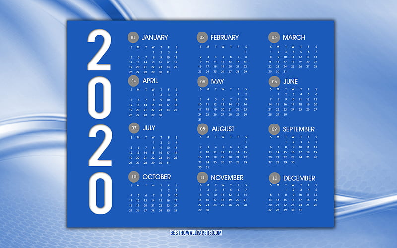 Blue 2020 Calendar, 2020 Paper calendar, blue background, 2020 concepts, 2020 all months calendar, HD wallpaper