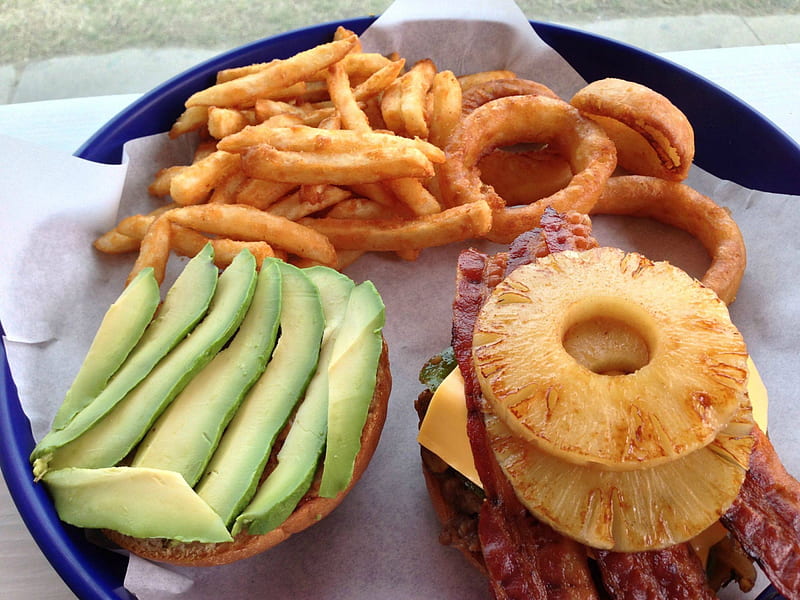 burger, fries & onion ring, cool, yummy, entertainment, fun, burger, foods, HD wallpaper