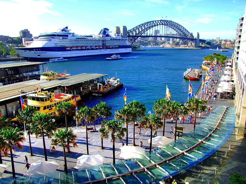 THE QUAY SYDNEY, water, ferry, ship, buildings, HD wallpaper