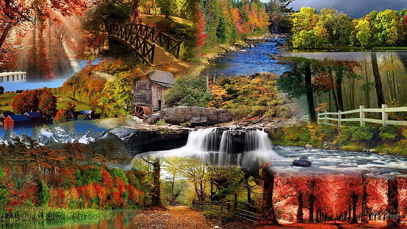 Autumn Glory, fall, leaves, watermill, bridge, waterfall, path, trees, lake, nature, HD wallpaper