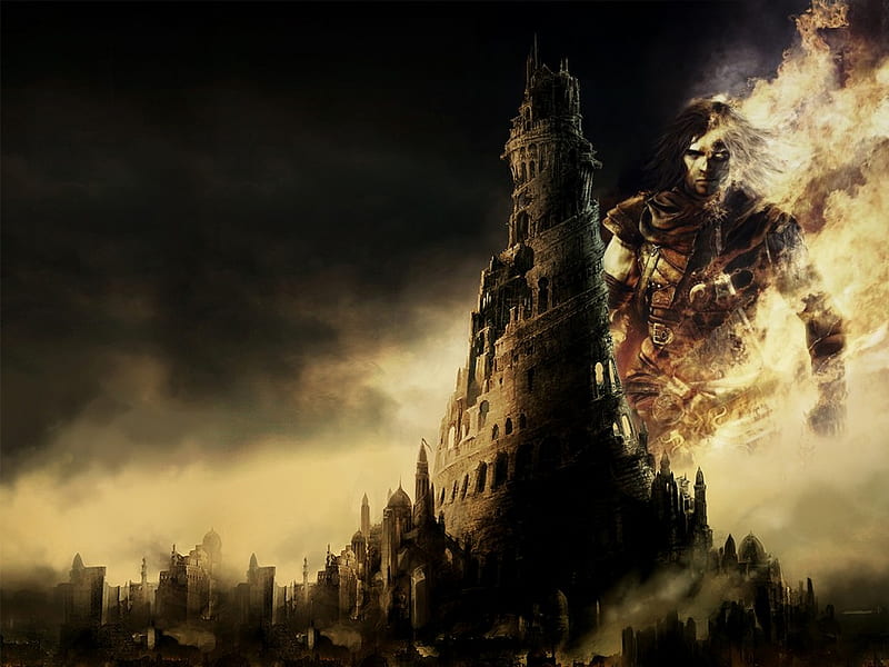 tower of babylon, disaster, rock, prince of persia, burning, pop, game, anciant, fire, tower, magical, pop the two thrones, creature, HD wallpaper