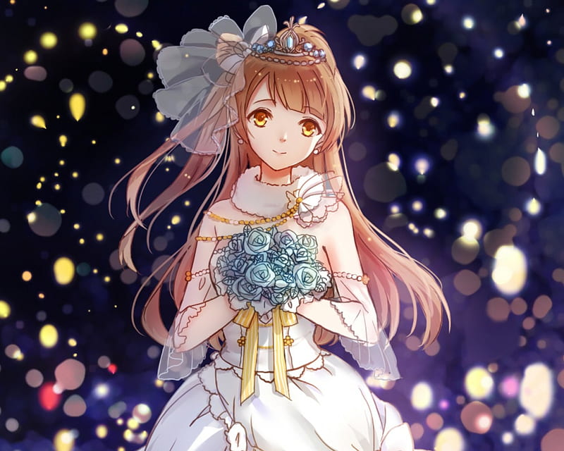 Bride ♡, pretty, dress, veil, bride, bonito, adorable, elegant, floral, sweet, blossom, nice, anime, beauty, anime girl, long hair, gorgeous, wed, female, lovely, brown hair, gown, smile, wedding, happy, cute, kawaii, girl, bouquet, flower, angelic, HD wallpaper