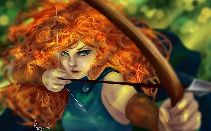 Merida, art, redhead, woman, arrow, fantasy, girl, archer, princess, disney, blue, HD wallpaper