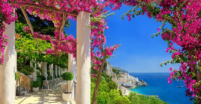 View of Amalfi coast, lovely, view, bonito, sky, terrace, sea, Amalfi, summer, peaceful, village, coast, HD wallpaper