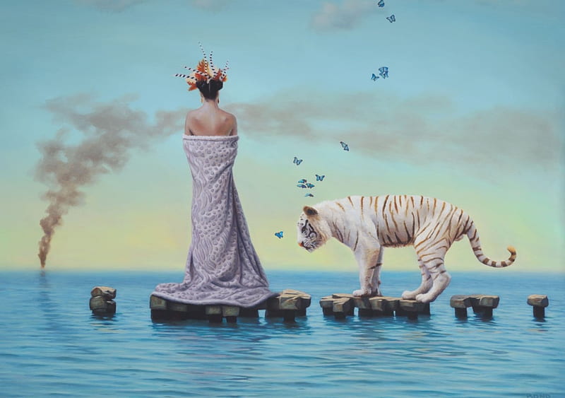 An Allegory on the Illusion of Time by Paul Bond, luminos, surrealism, tiger, woman, ara, animal, paul bond, water, butterfly, girl, stone, an Allegory on the Illusion of Time, painting, pictura, blue, art, summer, tigru, HD wallpaper