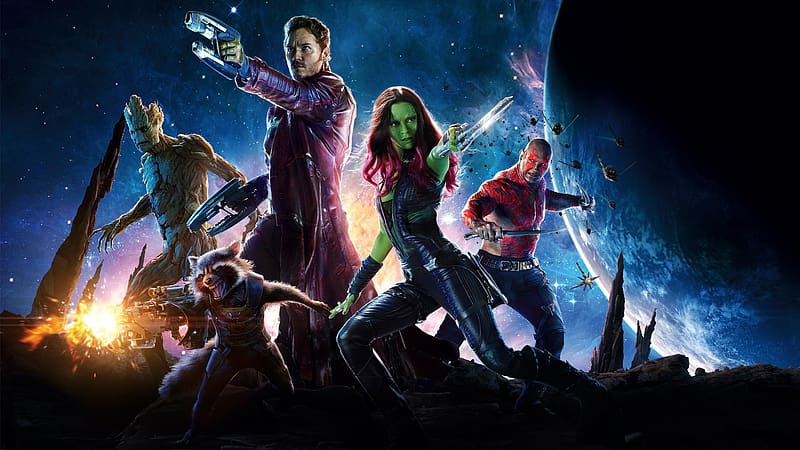Movie, Guardians Of The Galaxy, Zoe Saldana, Rocket Raccoon, Drax The Destroyer, Gamora, Groot, Chris Pratt, Dave Bautista, Peter Quill, HD wallpaper