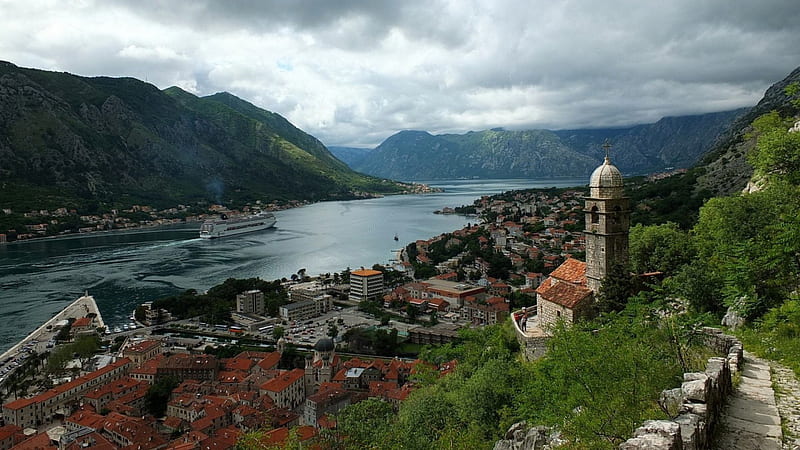 view of a river scene from a church, cruise ship, mountains, town, river, church, HD wallpaper