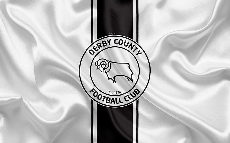 Derby County FC, white silk flag, emblem, logo Derby, UK, English football club, Football League Championship, Second League, football, HD wallpaper