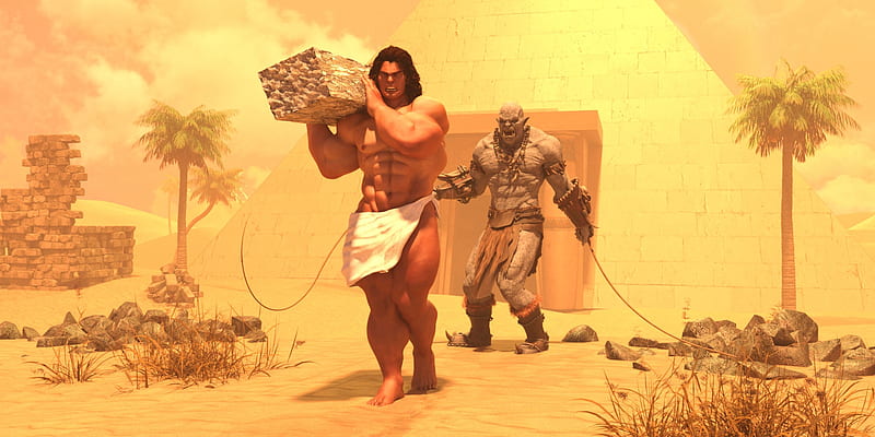 An egyptian slave, sun, muscle, yellow, pyramids, orc, monster, hunk, slave, HD wallpaper