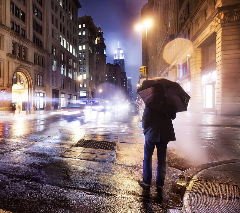 City Light, cloudy, lonely, man, umbrella, HD wallpaper