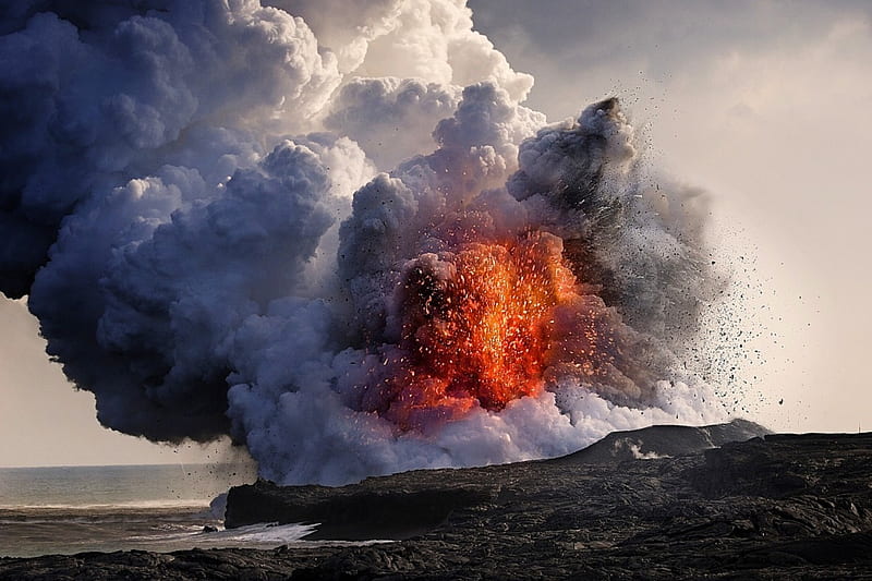 Kilauea Volcano, Hawaii Islands, rocks, fire, eruption, lava, Pacific Ocean, bonito, steam cloud, volcano, HD wallpaper