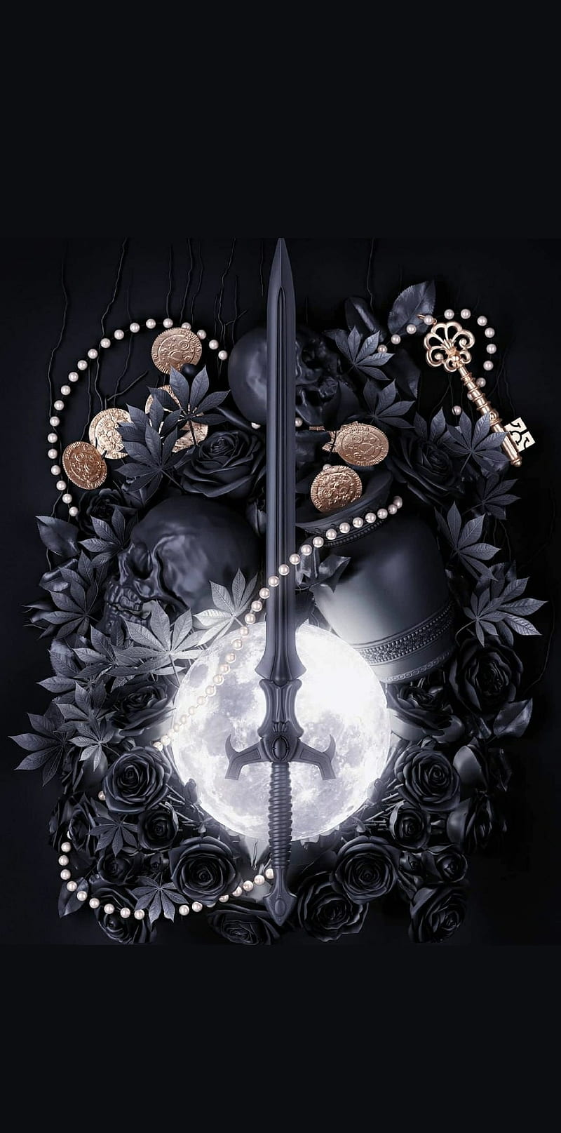 Sword, black, dark, fantasy, minimalist, moon, white, HD phone wallpaper