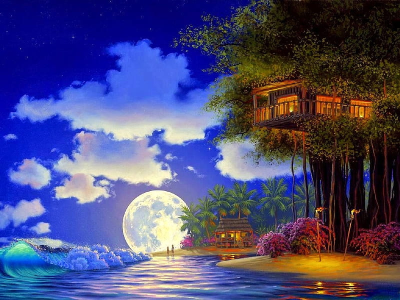 Moonrise, cloud, luminos, tree house, sky, sea, beach, moon, painting, summer, white, pictura, blue, HD wallpaper
