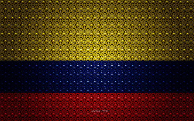 Flag of Colombia creative art, metal mesh texture, Colombian flag, national symbol, Colombia, South America, flags of South America countries, HD wallpaper