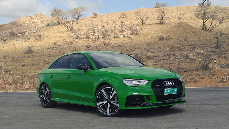 Audi RS3, supercars, 2018 cars, sedans, green RS3, UAE, desert, Audi, german cars, HD wallpaper