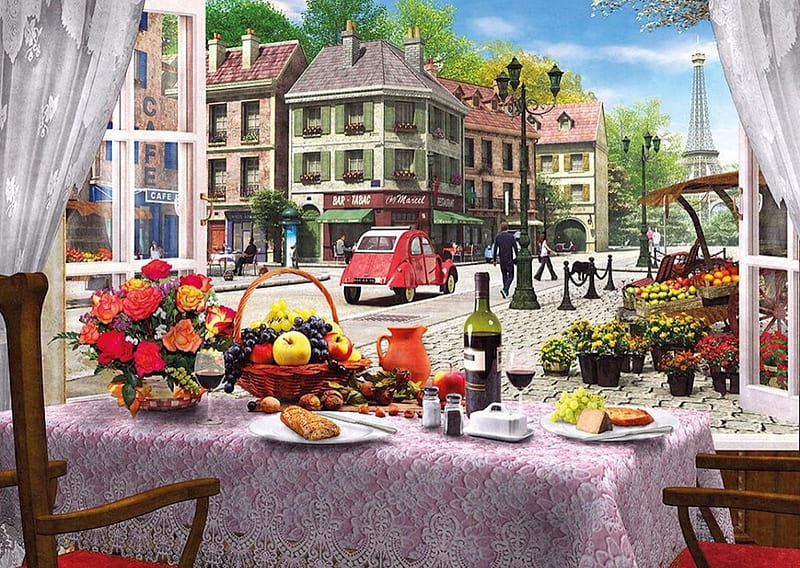 A Table by The Window, carros, window, wine, tower, flowers, paris, eiffel, HD wallpaper