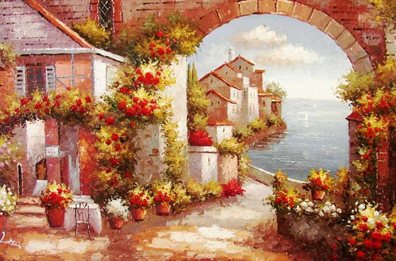 Wonderful Mediterranean, veranda, house, flowers, artwork, sea, HD wallpaper