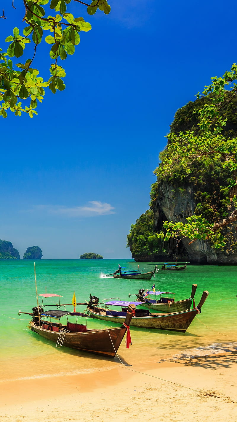 boats, beach, bonito, green, island, nature, sky, summer, HD phone wallpaper