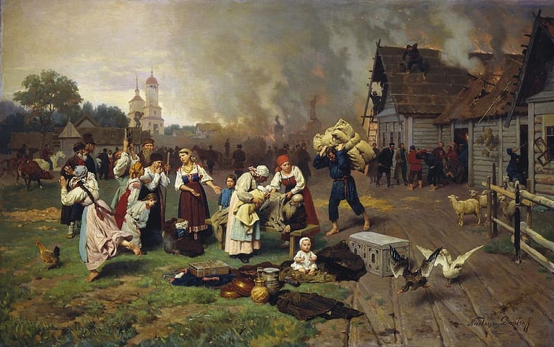 Fire in Village by Nikolai Dmitriev Orenburgsky, people, nikolai ...